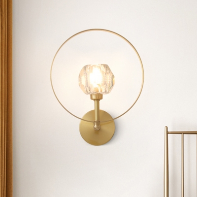 1-Light Wall Lighting Fixture Postmodern Living Room Sconce with Bowl Crystal Shade and Hoop in Gold