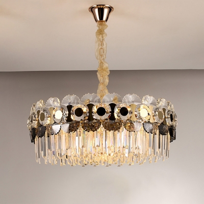 12 Bulbs Drum Pendant Lamp Postmodern Clear Tri-Sided Crystal Rod Chandelier with Decorative Circles