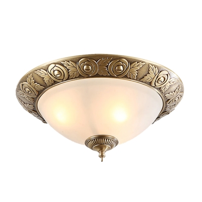 2/3-Bulb Flush Mount Lighting Antique Bedroom Ceiling Lamp with Bowl Opal Glass Shade in Brass, 12