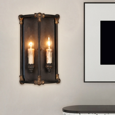 2 Lights Resin Wall Mounted Lamp Country Black Candle Living Room Sconce with Iron Frame