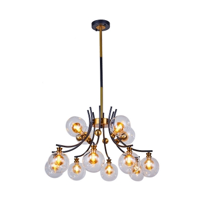 2-Tier Ball Suspension Lamp Post Modern Clear Glass 9/12 Heads Black and Gold Hanging Chandelier