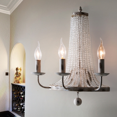 3-Light Wall Lighting Idea with Candle Design Antiqued Draping Bead Crystal Strand Wall Sconce Lamp in White