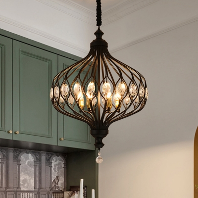 4/6-Bulb Lantern Chandelier Postmodern Black/Gold Crystal Embedded Hanging Ceiling Light over Dining Table