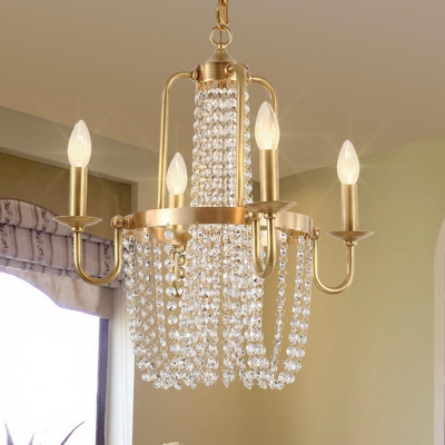 4-Head Candlestick Chandelier Traditional Gold Metal Hanging Pendant Light with Crystal Drapes