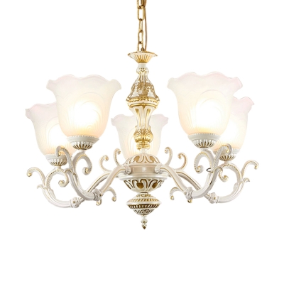5/7 Heads Scalloped Bell Chandelier Traditional White-Gold Frosted Glass Hanging Light Fixture