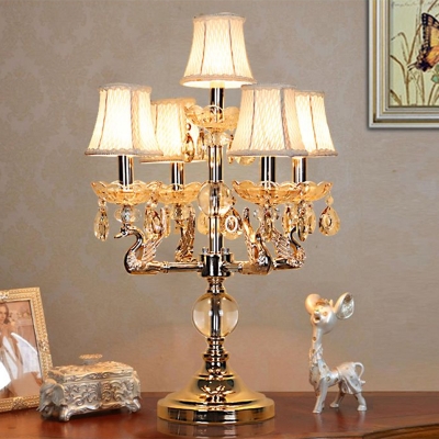 5 Heads Bell Shaped Night Lighting Retro Style Gold Finish Fabric Table Lamp with Crystal Accent