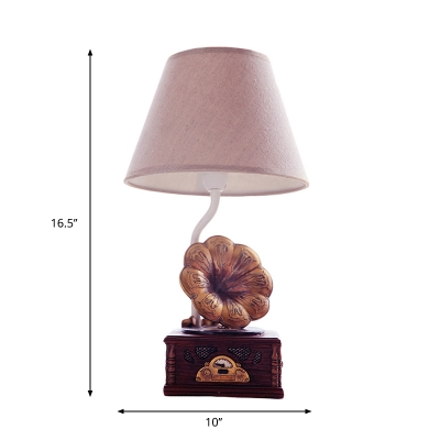 Barrel Sleeping Room Table Light Fabric 1-Head Simplicity Night Lamp with Resin Phonograph Base in Brown