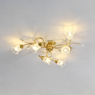 Bell Faceted Crystal Semi Mount Lighting Simple Style 6-Light Gold/Black Ceiling Light Fixture with Swirled Arm