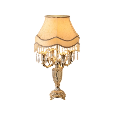 Bell Shade Bedroom Night Stand Light Traditional Fabric 4-Bulb Gold Table Lighting with Urn Crystal Base