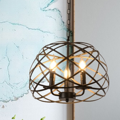 Candle Restaurant Ceiling Chandelier Retro Style Metallic 3-Head Black Suspension Light with Cage Design