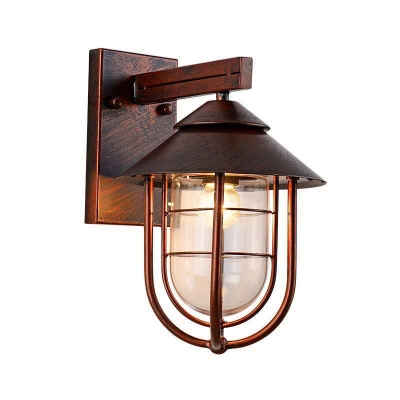 Capsule Outdoor Wall Light Retro Style Clear Glass 1 Head Weathered Copper/Black Wall Mount Lamp with Wire Cage
