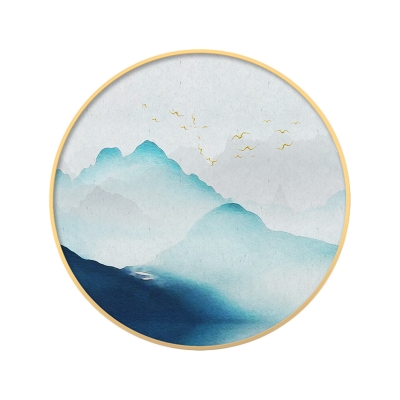Chinese Style Round Wall Lighting Wood Mountain and Bird LED Wall Mural Mount Light in Blue