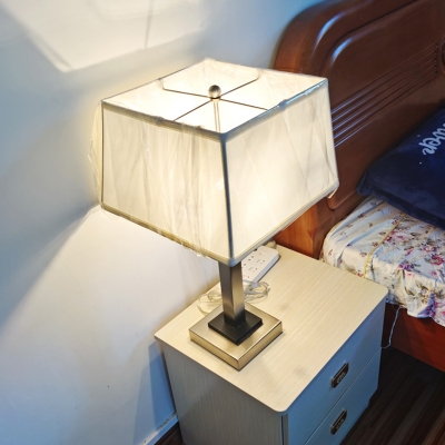 Colonial Square Desk Light LED Metallic Table Lamp in Chrome with Fabric Shade and On/Off Pull Chain