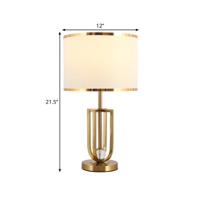 Drum Fabric Night Table Lamp Classic 1 Light Bedside Nightstand Light with Gold Open Cage