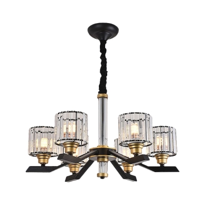 Drum Shade Chandelier Light Contemporary Clear Crystal 6/8 Bulbs Bedroom Ceiling Hang Fixture in Black