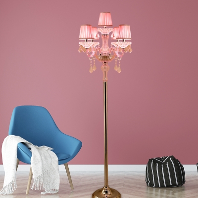 Fabric Pleated Lampshade Reading Floor Lamp Traditional 5/6/7 Lights Living Room Standing Light in Pink