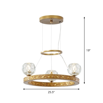 Faceted Crystal Globe Ceiling Chandelier Minimalist 3 Lights Gold Ring Suspension Lamp