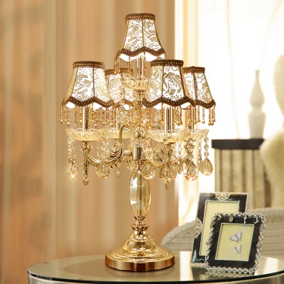 Gold Paneled Bell Night Lighting Vintage Fabric 5 Lights Bedside Nightstand Lamp with Crystal Drop