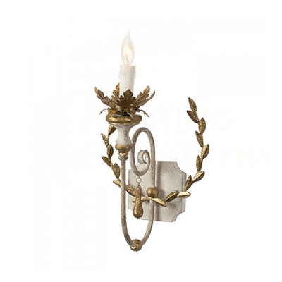 Gold Single Wall Sconce Lighting Countryside Iron Candle Wall Light Kit with Decorative Wreath