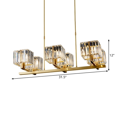 Linear Crystal Cuboid Island Lamp Postmodernist 6-Bulb Dining Table Suspension Lighting in Gold