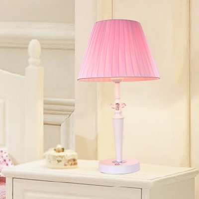 Macaron Style 1-Head Table Lighting Pink Cone Night Lamp with Pleated Fabric Shade