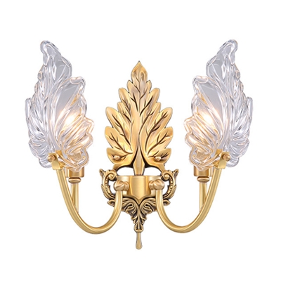 Maple Leaf Clear Glass Wall Light Kit Traditional 1/2-Bulb Dining Room Wall Sconce Lighting in Brass