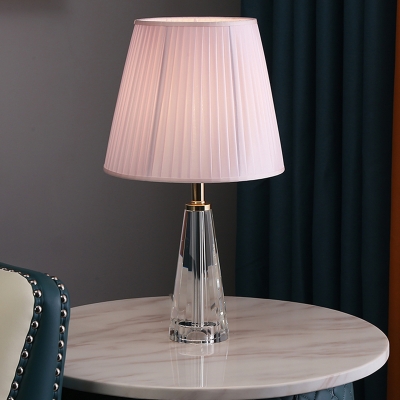 Modernism Barrel Shade Desk Lamp Pleated Fabric Single Living Room Table Light in Grey/Pink/Blue with Cone Crystal Base
