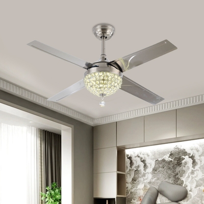 Nickel 4 Blades LED Fan Lighting Modern Crystal Dome Shade Semi Flush Ceiling Light Fixture, 52