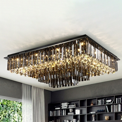 Nickel Tiered Rectangle Flush Mount Modern Smoke Crystal Living Room LED Ceiling Flushmount Lamp in Warm/White Light