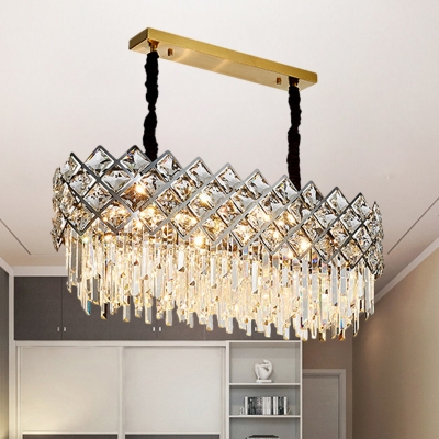 Oblong Dining Room Island Lighting Contemporary Cut Crystal 10 Heads Clear Pendant Light Fixture