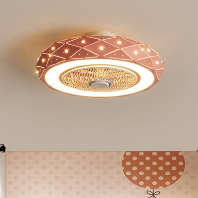 Round Semi Flushmount Lighting Modernism Metal White/Black/Pink Finish LED Ceiling Fan Light, 21.5