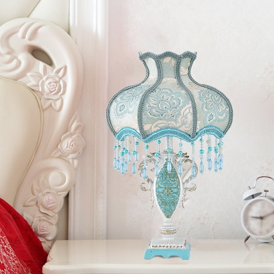 Ruffle-Edge Fabric Shade Desk Lamp Modernist 1-Head Pink/Blue Nightstand Light with Crystal Bead Deco