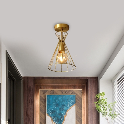 Tapered Frame Metal Ceiling Light Traditional 1 Head Great Room Semi Mount Lighting in Brass