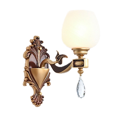 Wine Cup Milk Glass Wall Lighting Retro 1/2-Bulb Bedroom Wall Mount Lamp in Brass with Crystal Drop