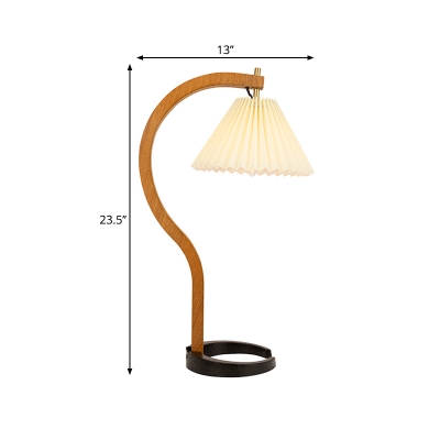 Wood Gooseneck Night Table Lamp Cottage 1-Light Bedside Nightstand Light with Cone Pleated Shade