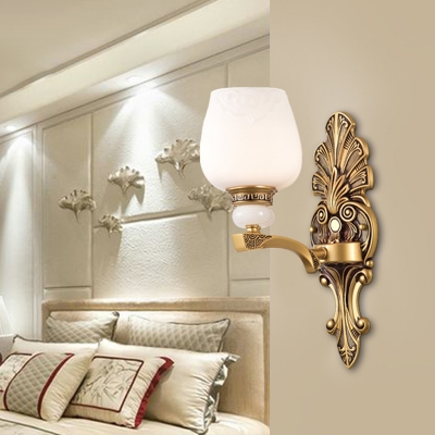 1/2-Head Sconce Light Fixture Vintage Bedroom Wall Lamp with Cup Opal Glass Shade in Brass