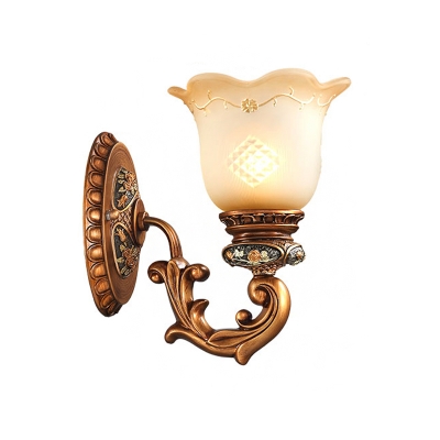 1 Bulb Floral Shade Wall Mount Lamp Vintage Brass Finish Tan Glass Wall Lighting Idea