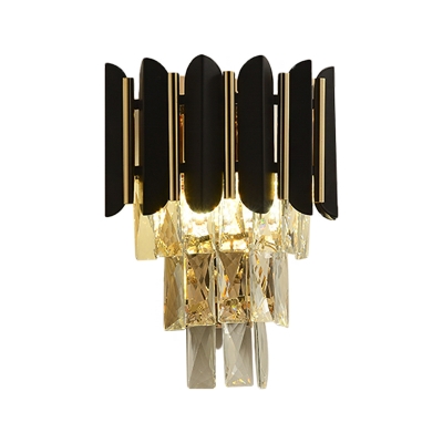 2 Heads Bedroom Wall Mount Lamp Contemporary Style Black Sconce with Tiered Crystal Block Shade