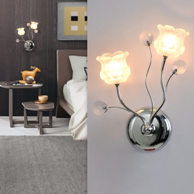 2 Lights Bedroom Wall Lighting Idea Modern Chrome Wall Lamp Fixture with Floral Clear Crystal Shade