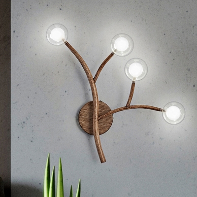 3/4 Lights Wall Mounted Lamp Simple Globe Clear Glass Wall Lighting with Wood Branch Design in Brown