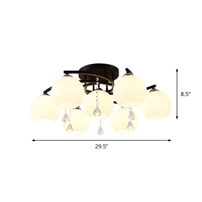 3/5/7 Heads Sphere Ceiling Light Modern White Glass Shade Semi Flush Chandelier in Black with Crystal Drops
