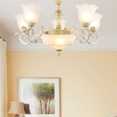 5/7 Heads Scalloped Bell Chandelier Traditional White-Gold Frosted Glass Hanging Light Fixture