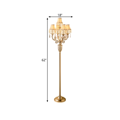 5-Light Fabric Standing Light Traditional Gold Paneled Bell Bedroom Floor Lighting with Crystal Droplet