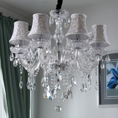 8-Bulb Crystal Chandelier Light Fixture Traditional Clear Bell Living Room Ceiling Light with Fabric Shade