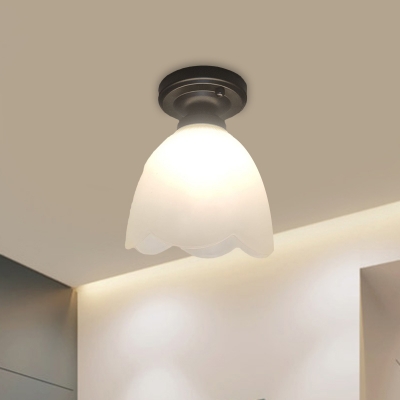 Black 1 Bulb Ceiling Mounted Light Countryside Opal Frosted Glass Floral Flushmount Lighting