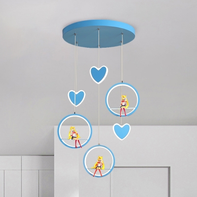 Blue/Pink LED Ring and Heart Drop Lamp Nordic Acrylic Multi Pendant with Cartoon Figure Design