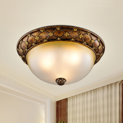 Brown Dome Flush Ceiling Light Countryside Frosted Glass 3-Bulb Hotel Flushmount Lighting, 15