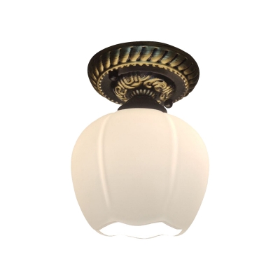 Classic Bud Flush Mount Light 1-Head Opal White Glass Close to Ceiling Lamp in Brown