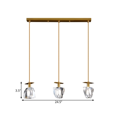 Clear Crystal Tapered Cluster Pendant Postmodern 3-Light Dining Room Hanging Lamp in Brass
