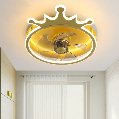 Crown Kids Bedroom 5-Blade Semi Flush Metallic LED Cartoon Hanging Fan Lamp Fixture in Gold, 16